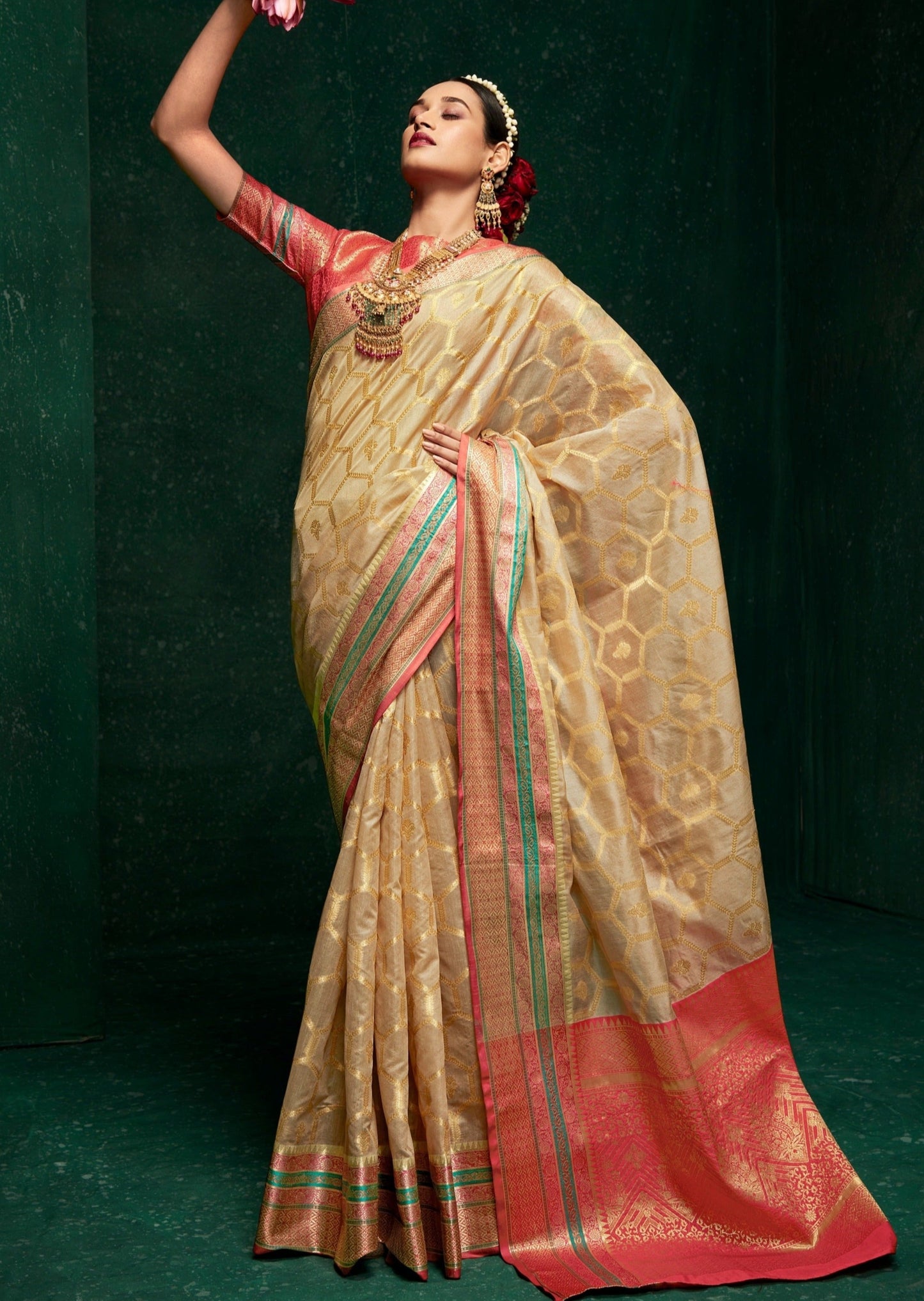 Banarasi cotton silk handloom saree online usa shopping in beige color.