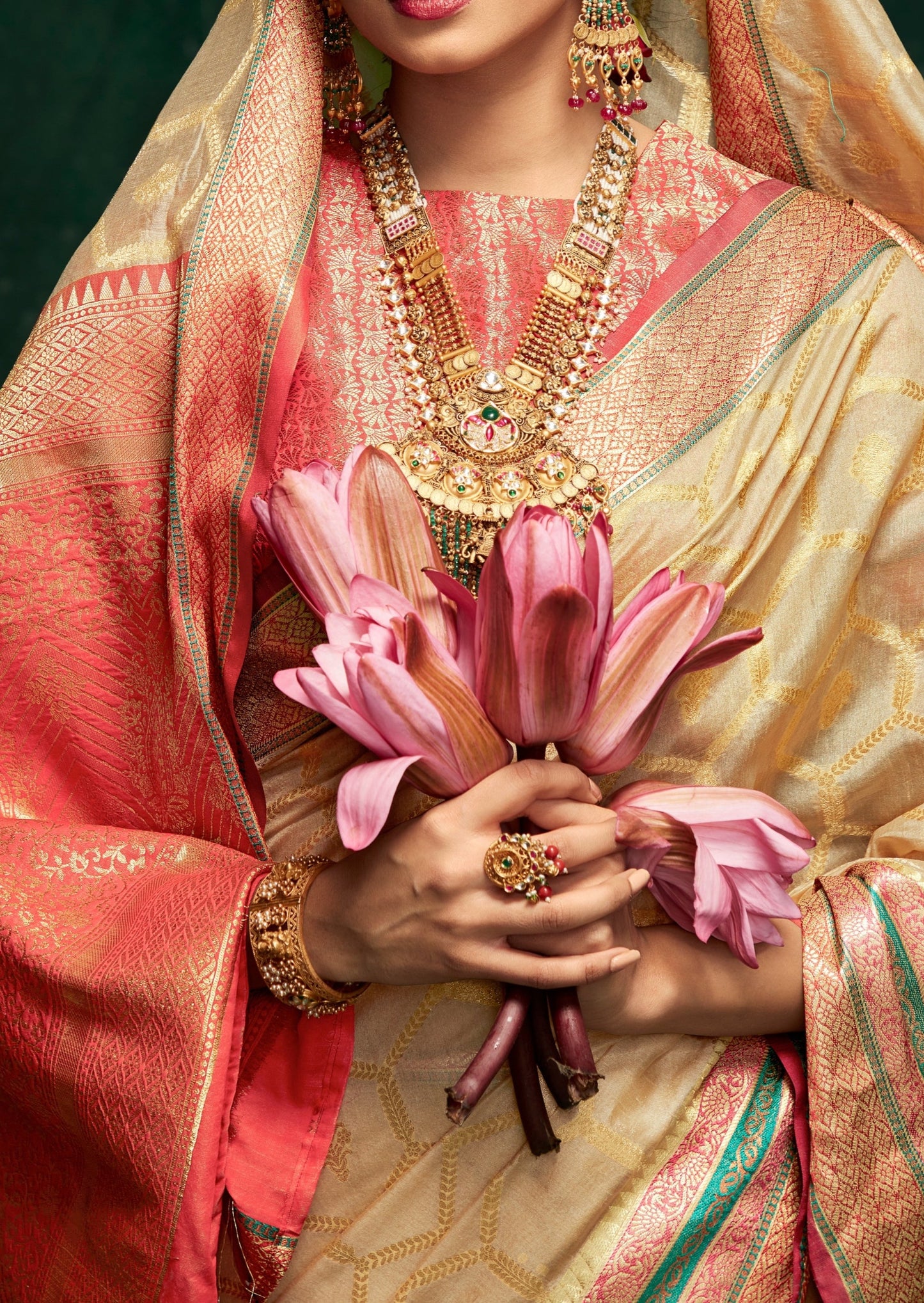 Pure banarasi cotton silk beige saree contrast red blouse usa online shopping with price.