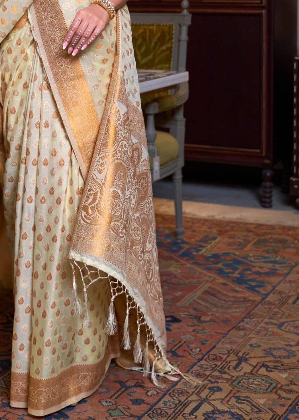 Cream khaddi georgette banarasi saree design online price.
