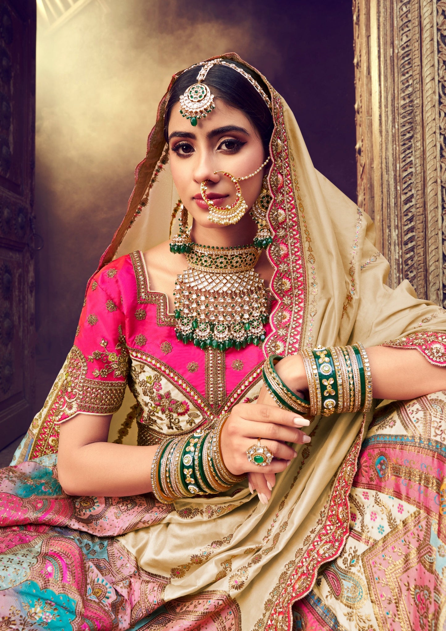 Cream pink banarasi silk luxury lehenga choli with dupatta online shopping usa uk.