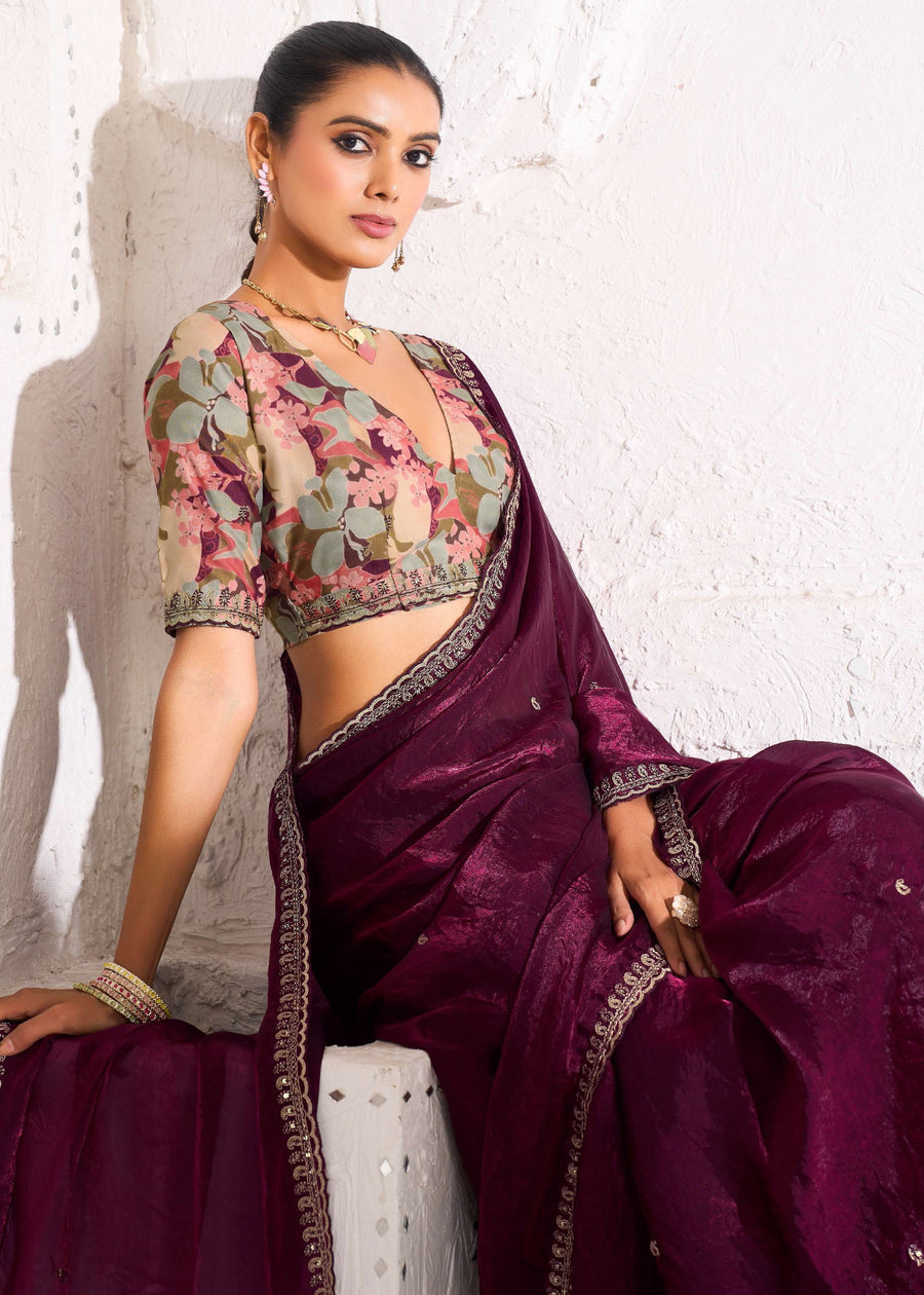 Crushed Tissue Wine Maroon Embroidered Saree & Printed Blouse
