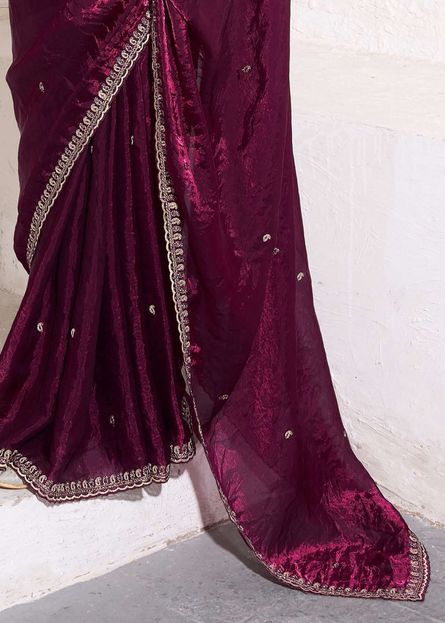 Crushed Tissue Wine Maroon Embroidered Saree & Printed Blouse