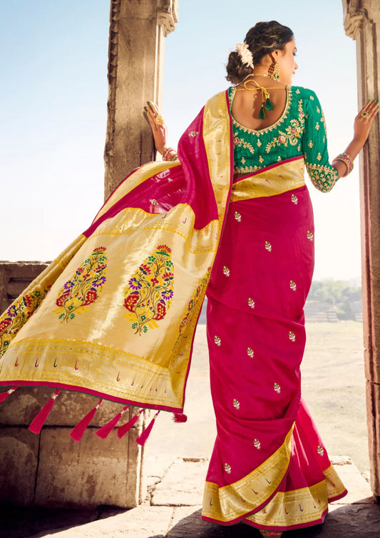 Cut dana hand work embroidery red paithani silk saree blouse online shopping.