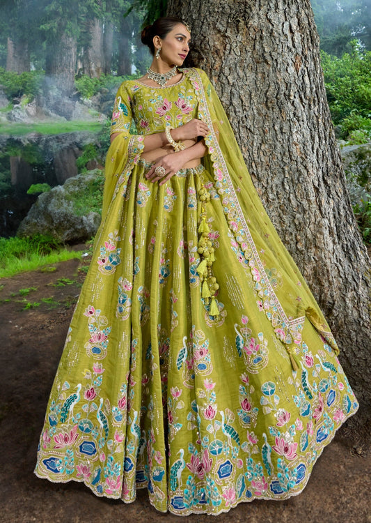 Designer luxury bridal lehenga choli with dupatta in parrot green color online usa uk london uae.
