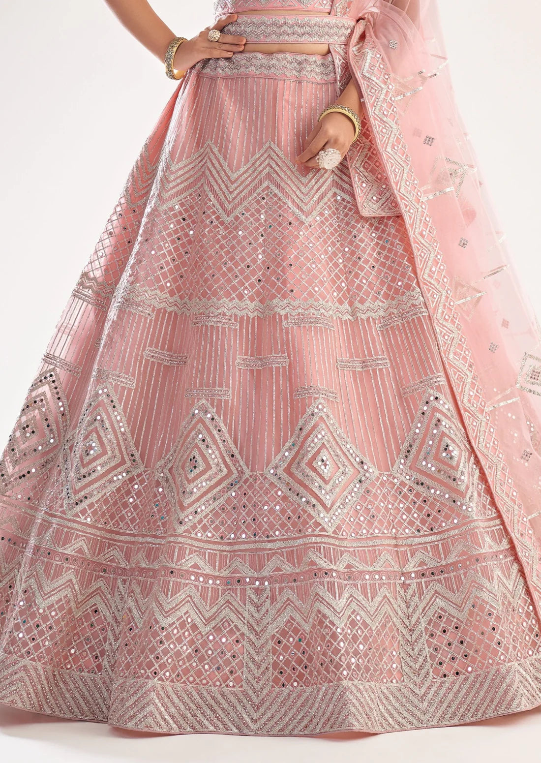 mirror work peach lehenga design