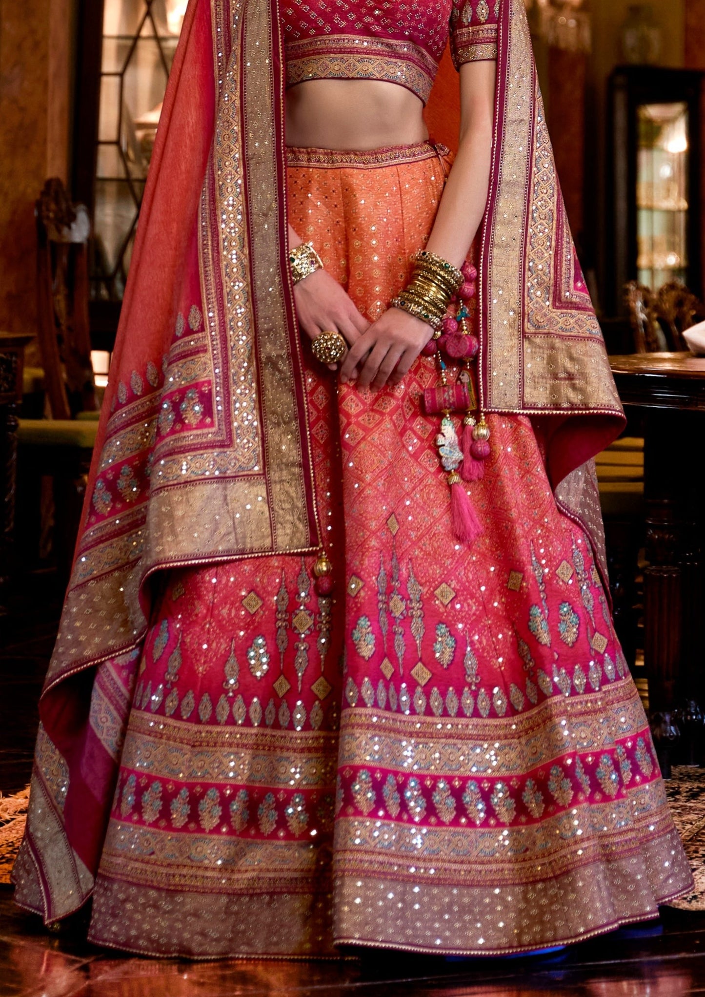 pink pure silk lehenga design