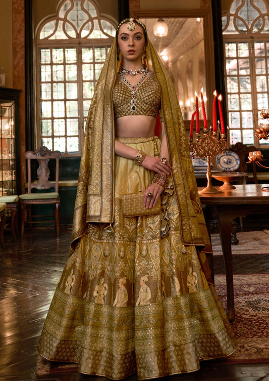 Bride in Designer Pure Silk Zari Bridal Lehenga Choli in Light Green color