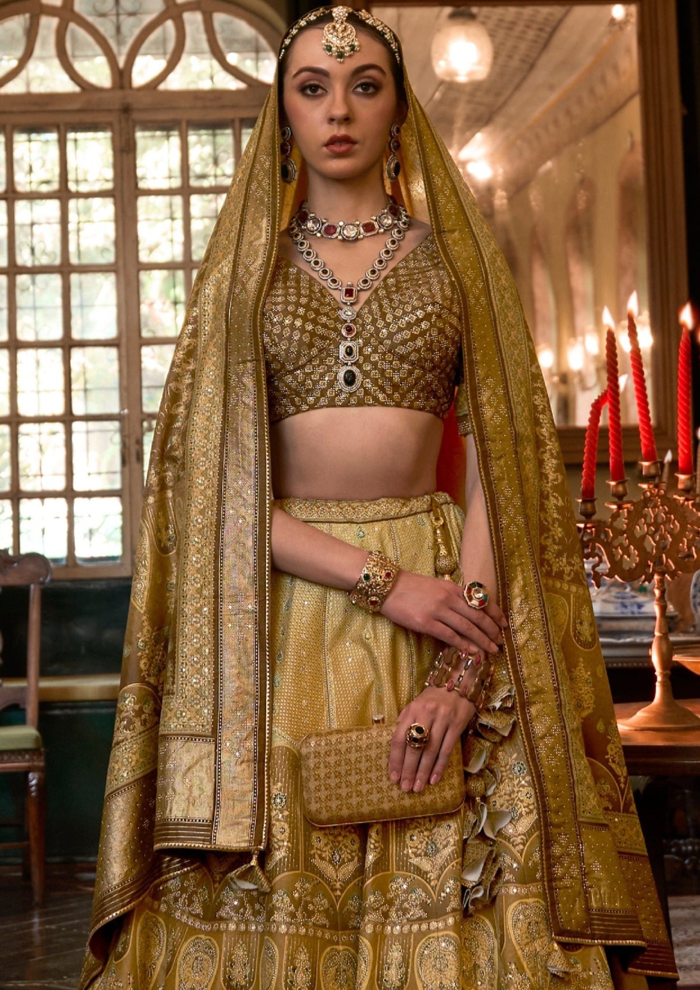 woman in Designer Pure Silk Zari Bridal Lehenga Choli in Light Green color