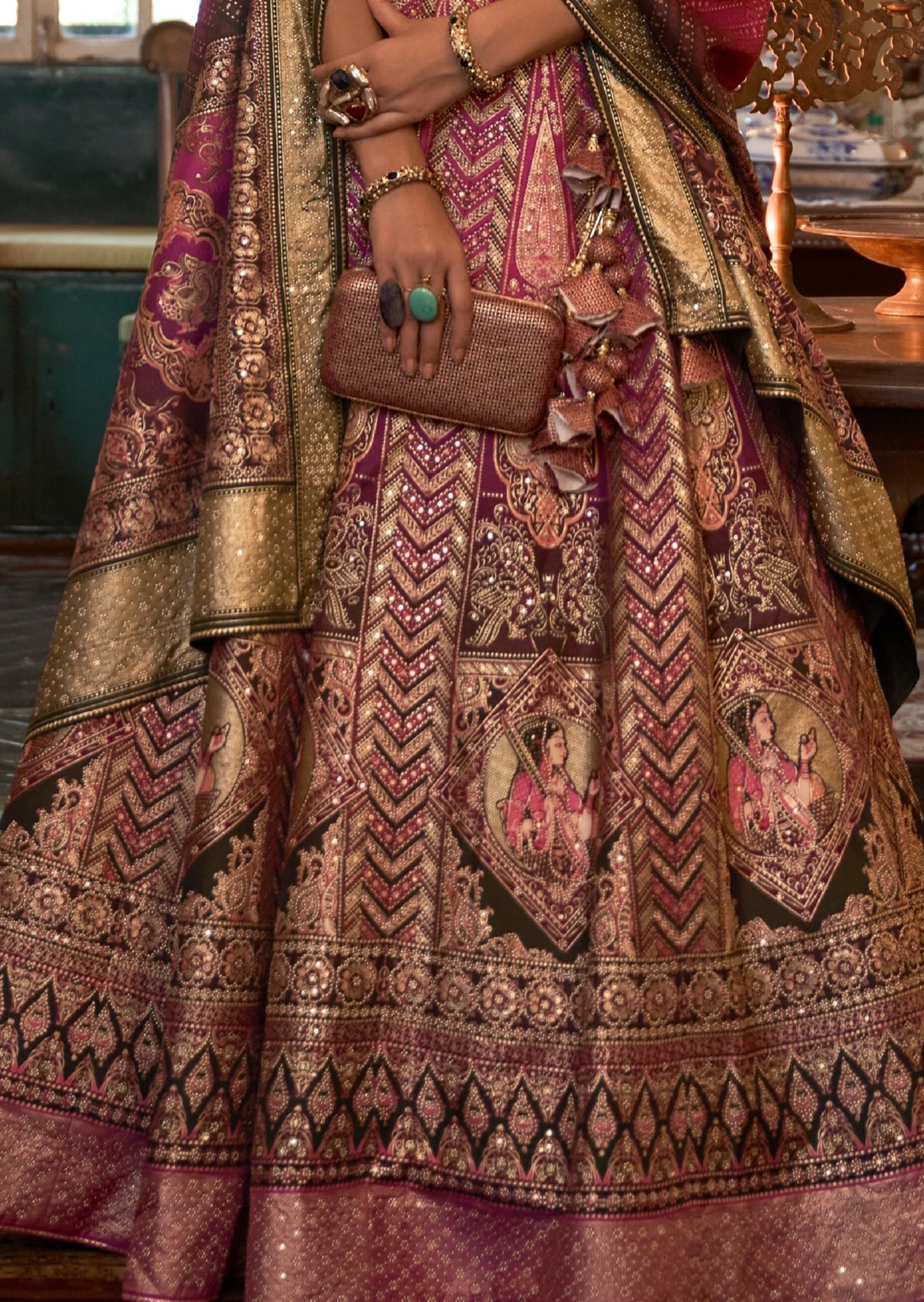 Zari work and Mirror Work on pink bridal lehenga