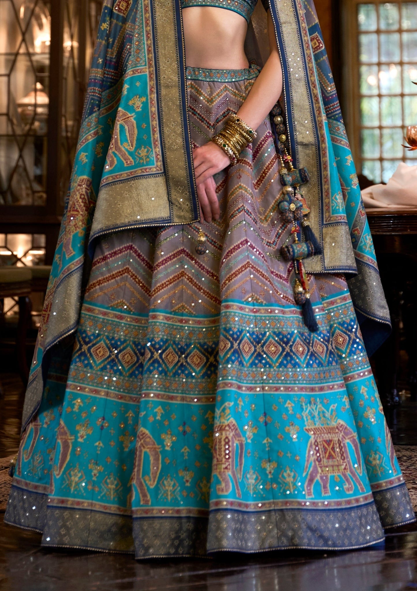 blue mirror work silk lehenga design