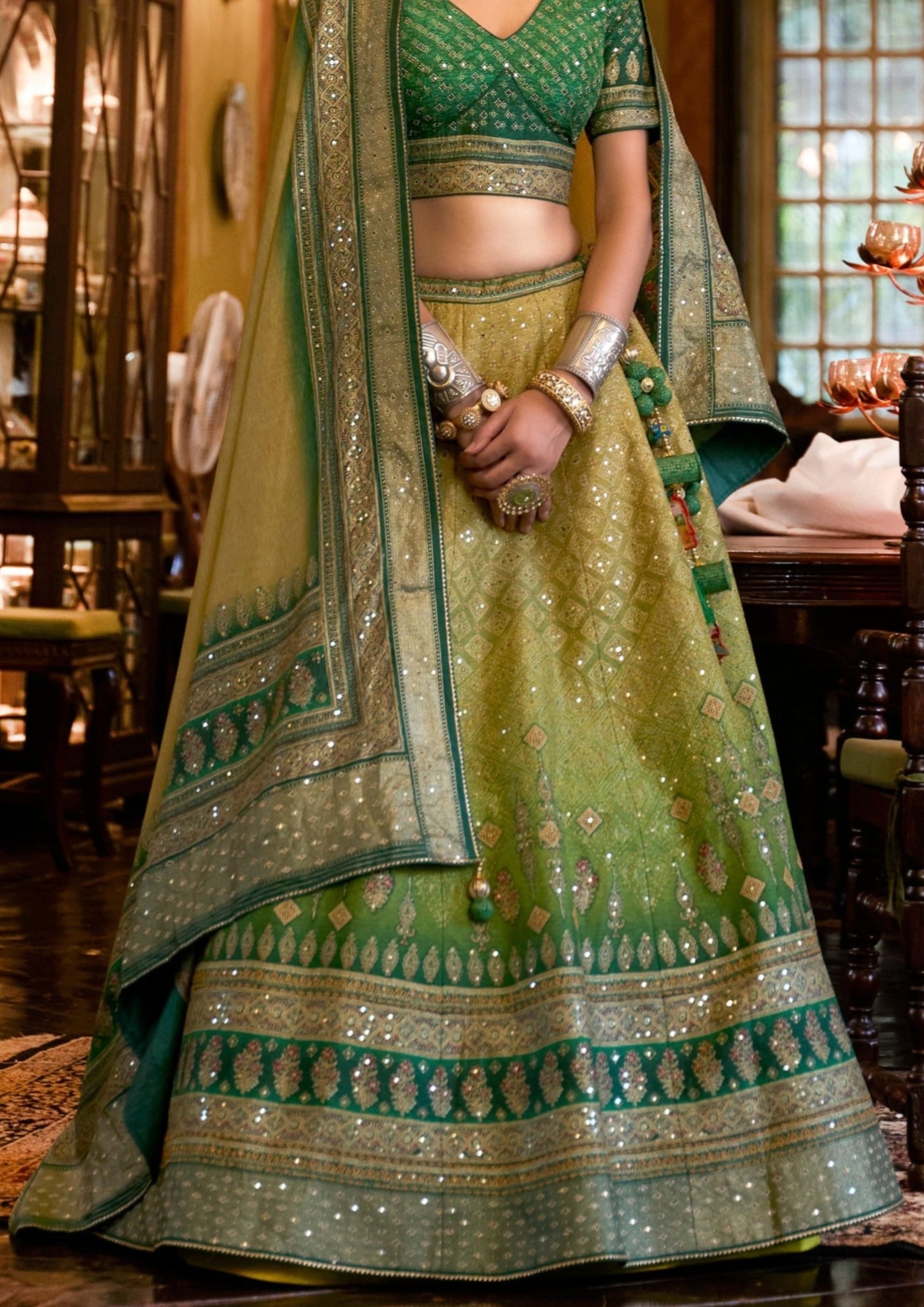 green mirror work lehemga choli design