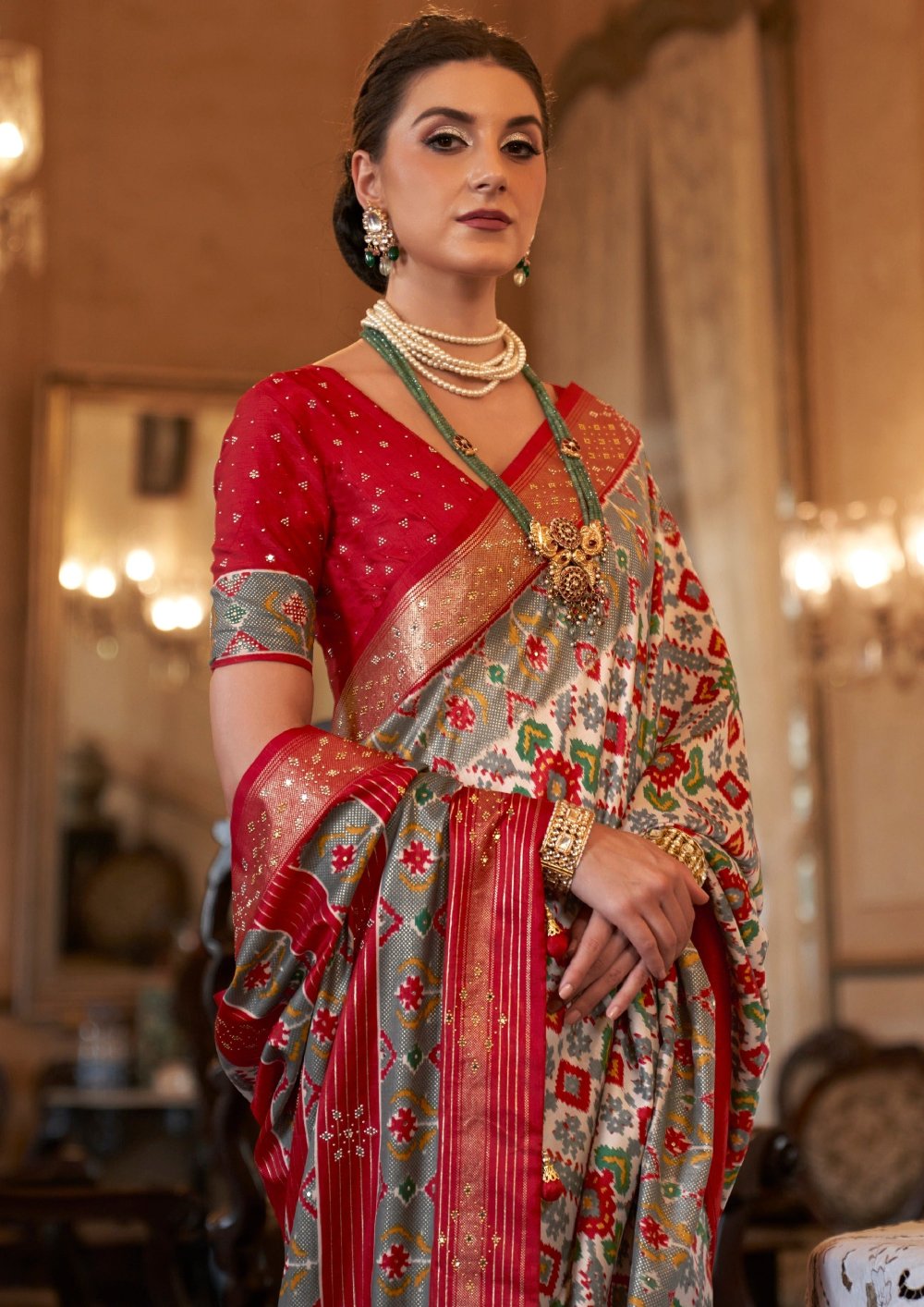 White patola silk saree with red blouse online shopping india at best price.