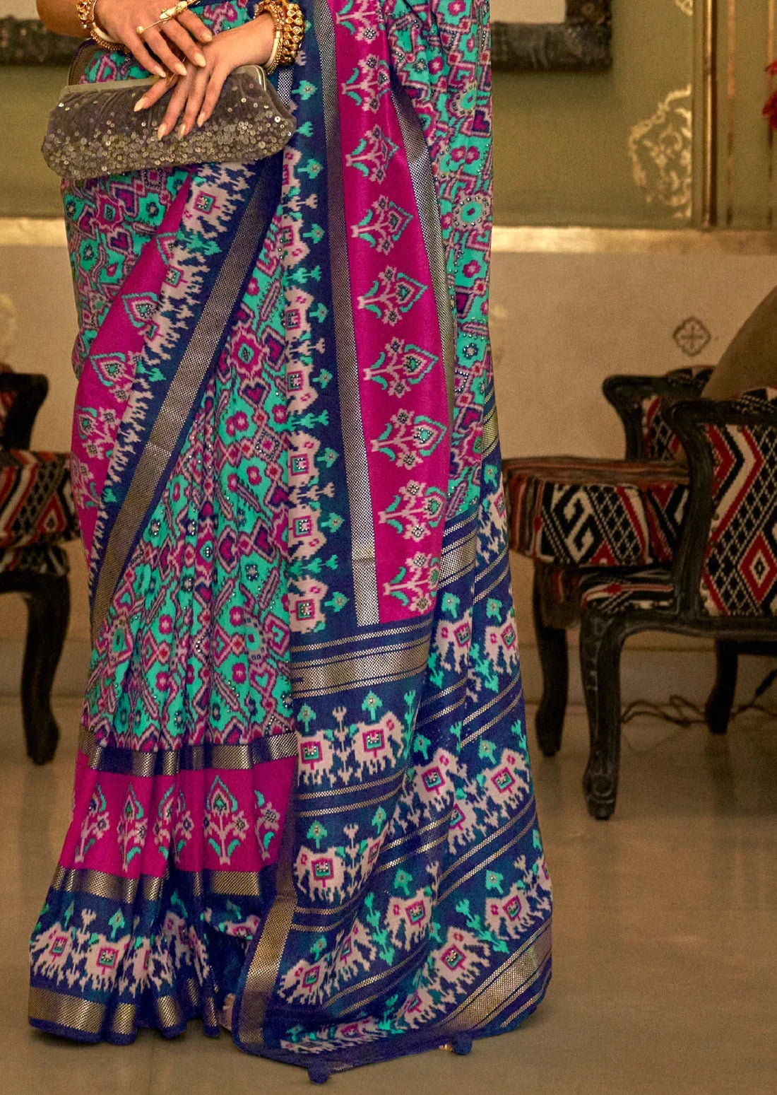 Double ikkat patola saree blouse online shopping green and blue wedding price.