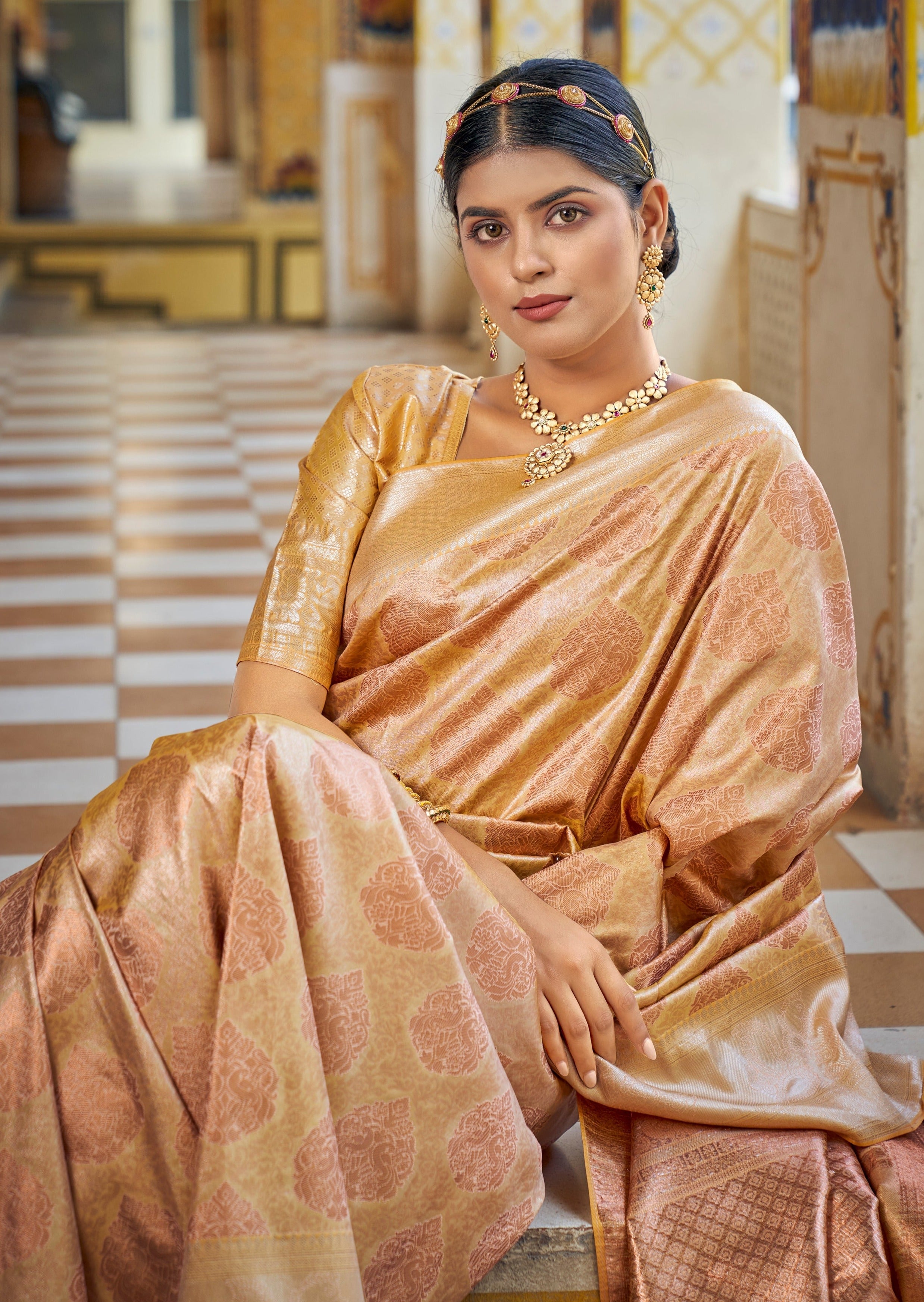Cream Kanchipuram Silk Saree Artfully Woven with Bird Jacquard Design, Complemented by Contrast Border of Rekku, Mayil, Arumbu Manga, and Chakram Designs, Elegantly Highlighted Pallu of Geometric Patterns, and Paired with a Contrast Blouse main image 0