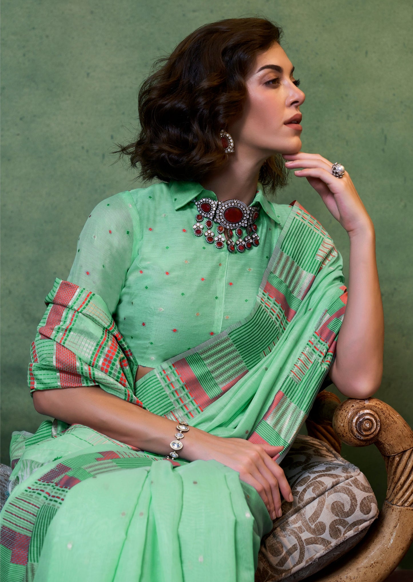 Dubai handloom cotton silk green sarees online shopping with price.