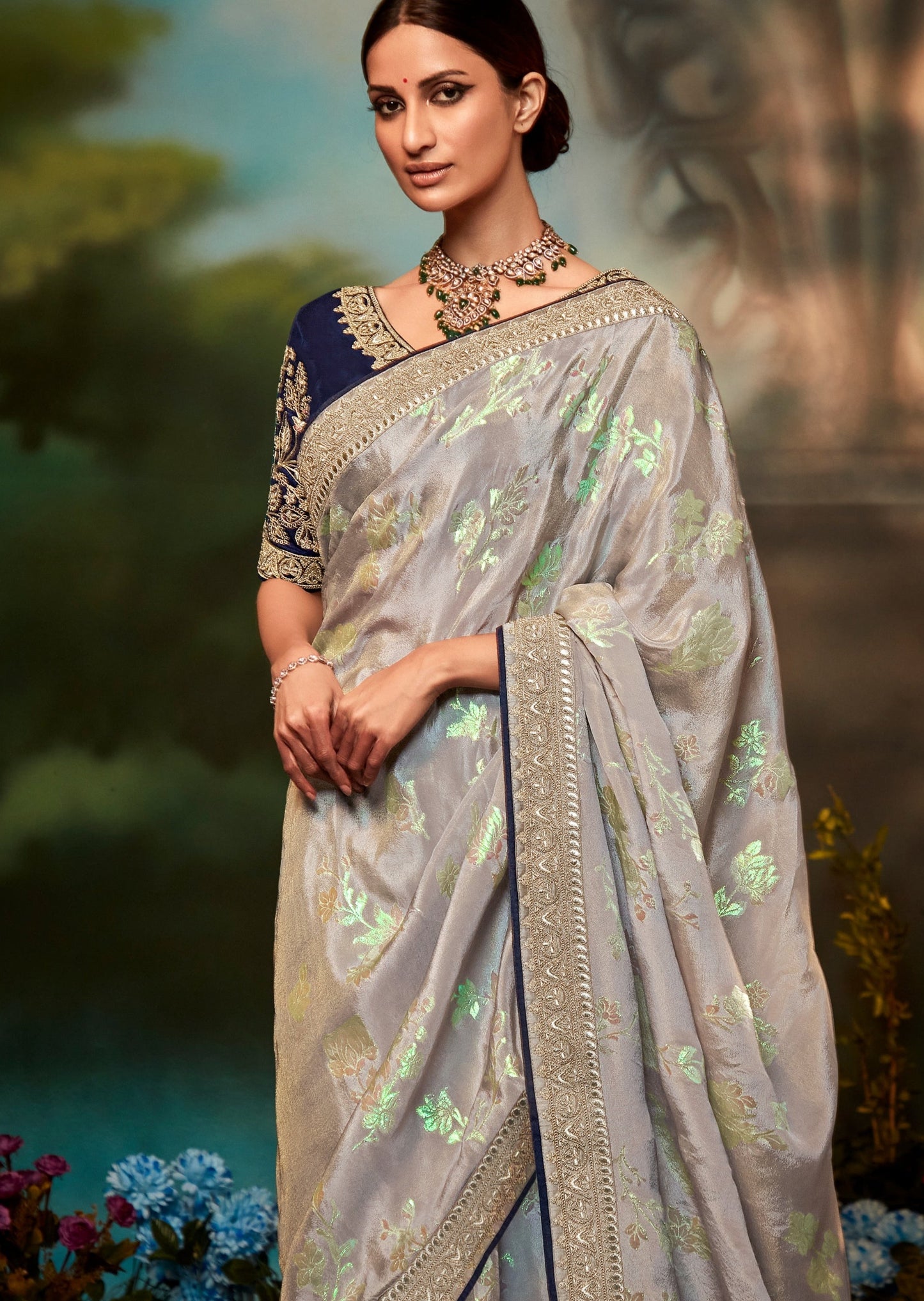 Embroidered banarasi satin silk silver partywear luxury fancy saree online price.