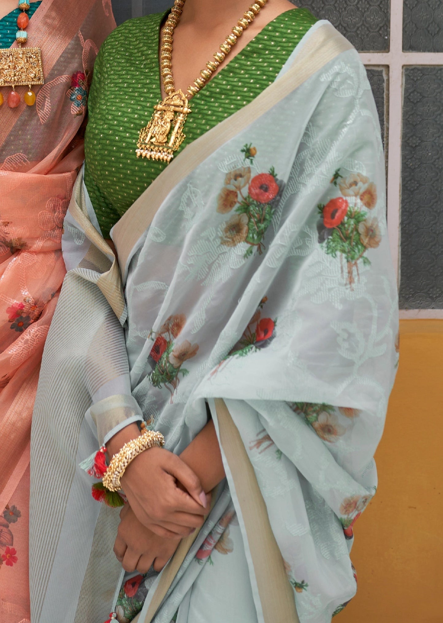 Floral Print Powder Blue Sequins Work Organza Saree