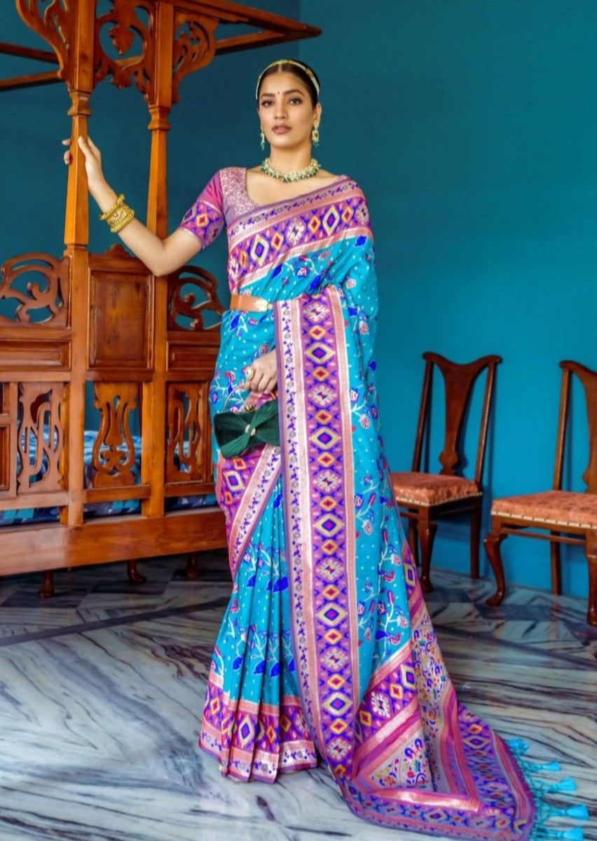 Fusion Banarasi Patola Silk Blue Saree with Paithani Border Pallu