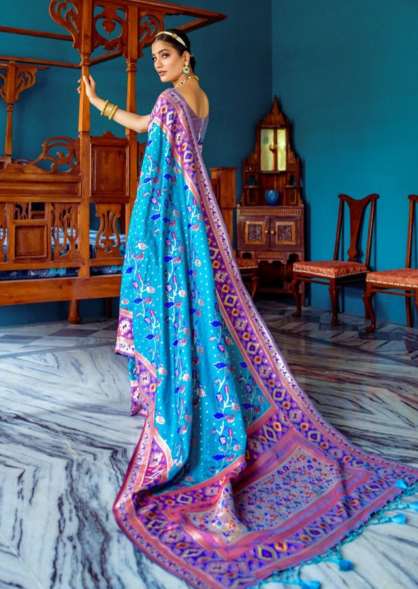 Fusion Banarasi Patola Silk Blue Saree with Paithani Border Pallu