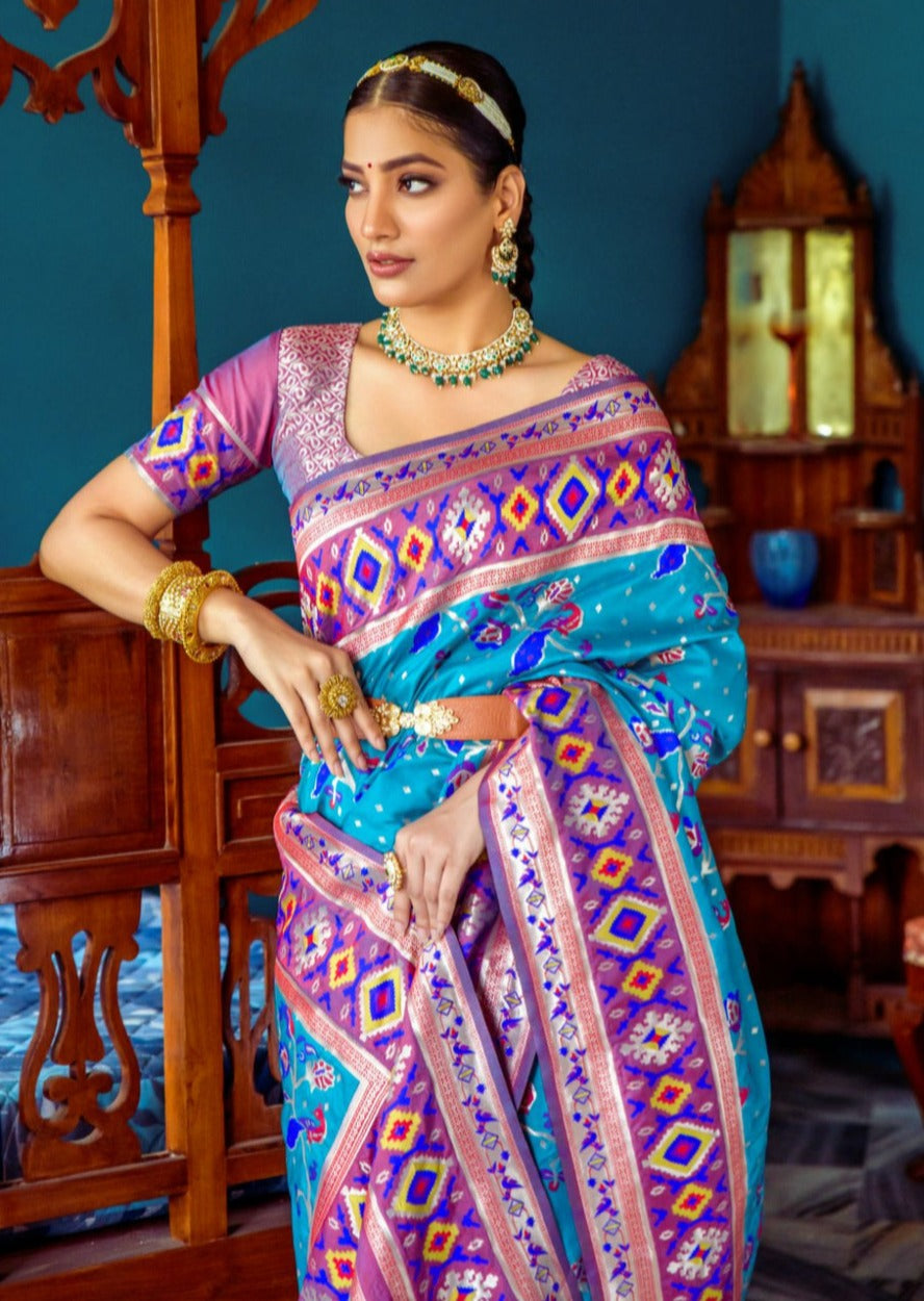 Fusion Banarasi Patola Silk Blue Saree with Paithani Border Pallu