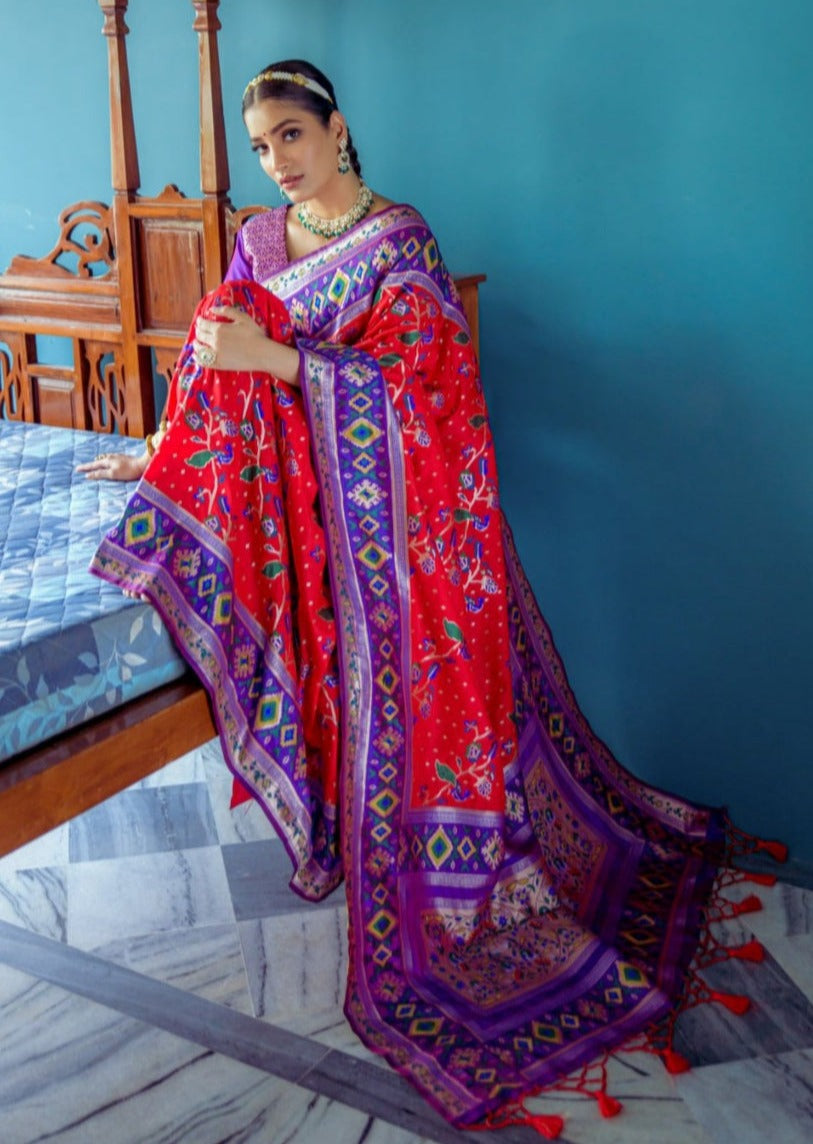 Fusion Banarasi Patola Silk Red Saree with Paithani Pallu
