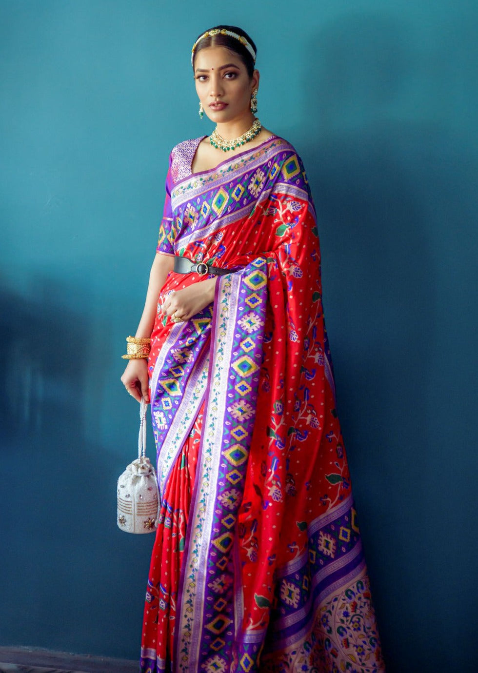 Fusion Banarasi Patola Silk Red Saree with Paithani Pallu