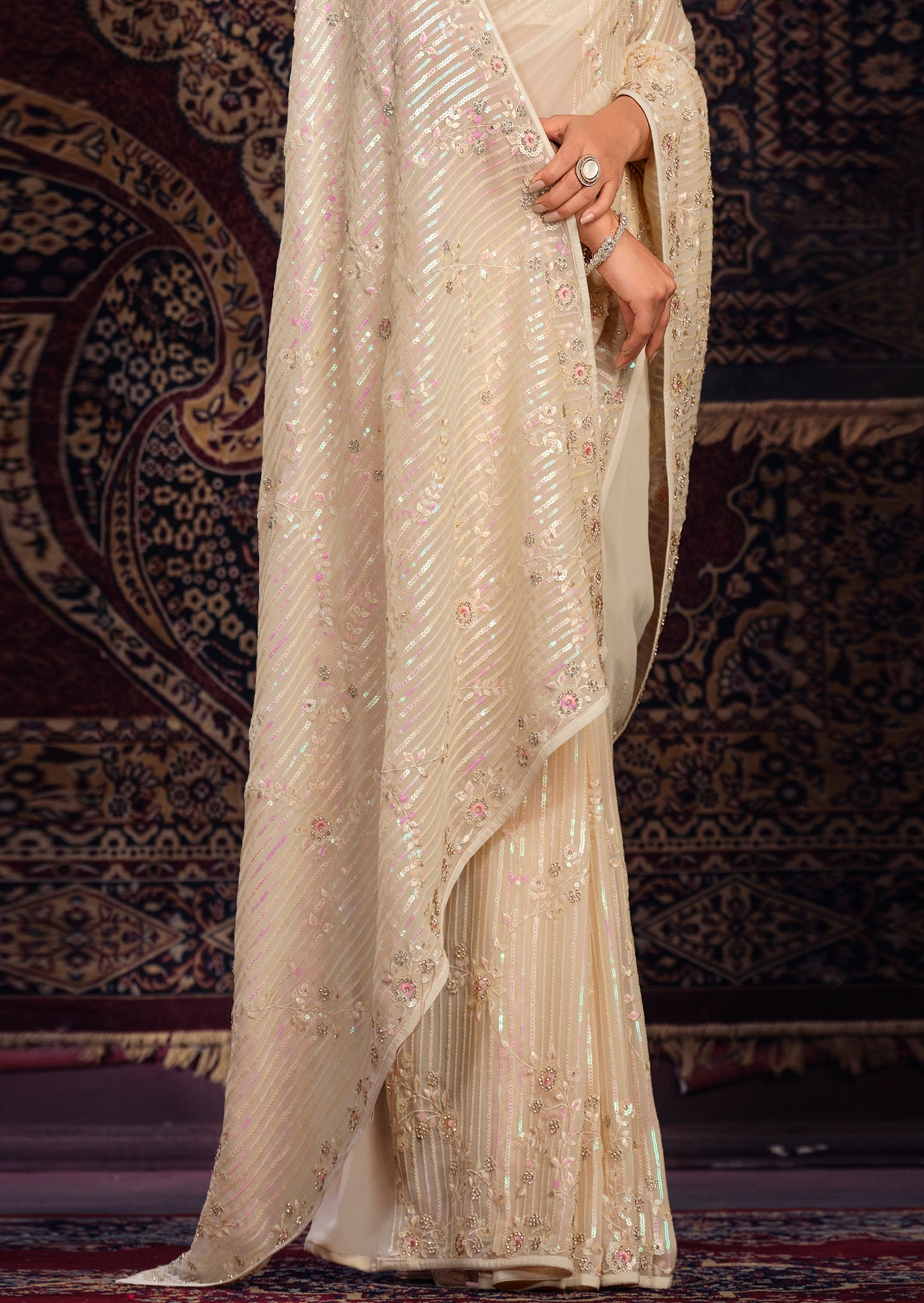 Pure Georgette Sequins Work Cream Partywear Saree