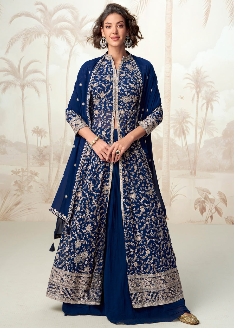 Royal Blue Readymade Jacket Style Anarkali Georgette Suit Set
