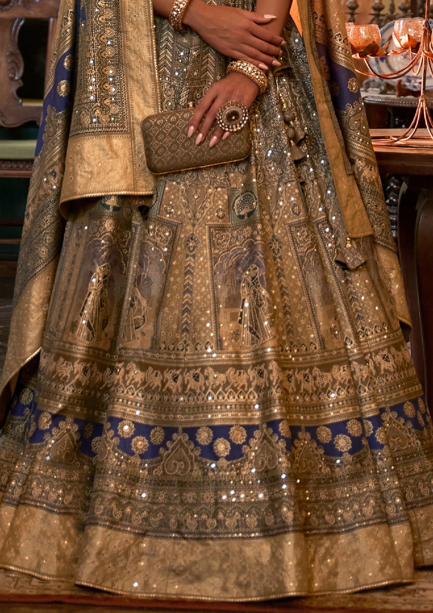 golden navy blue lehenga design