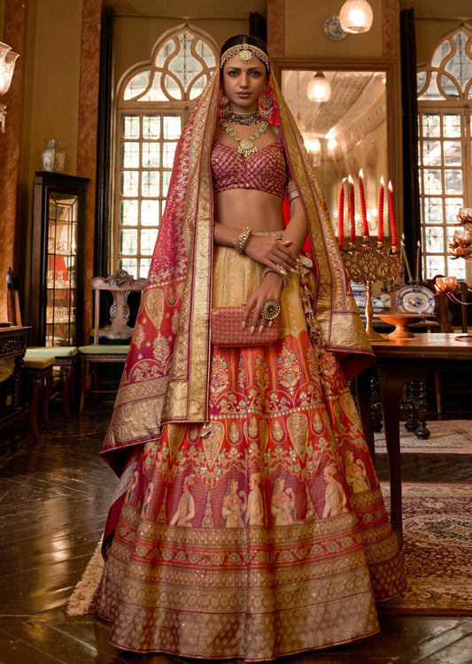 Bride in golden bridal lehenga choli for het wedding