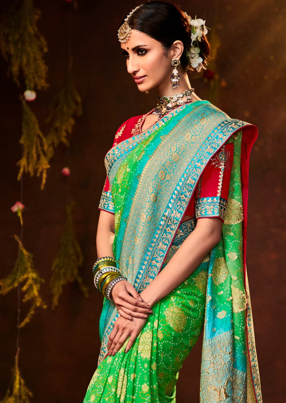 Green bandhani silk saree with red blouse online shopping price india usa uk canada.