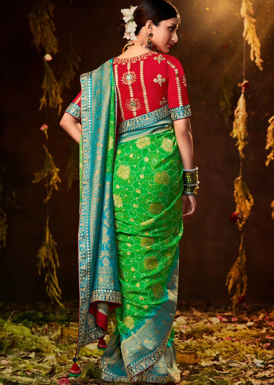Green bandhani silk bridal saree with red blouse online shopping designs india usa uk price.