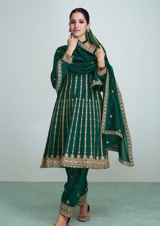 bride in green colour silk salwar suit & dupatta