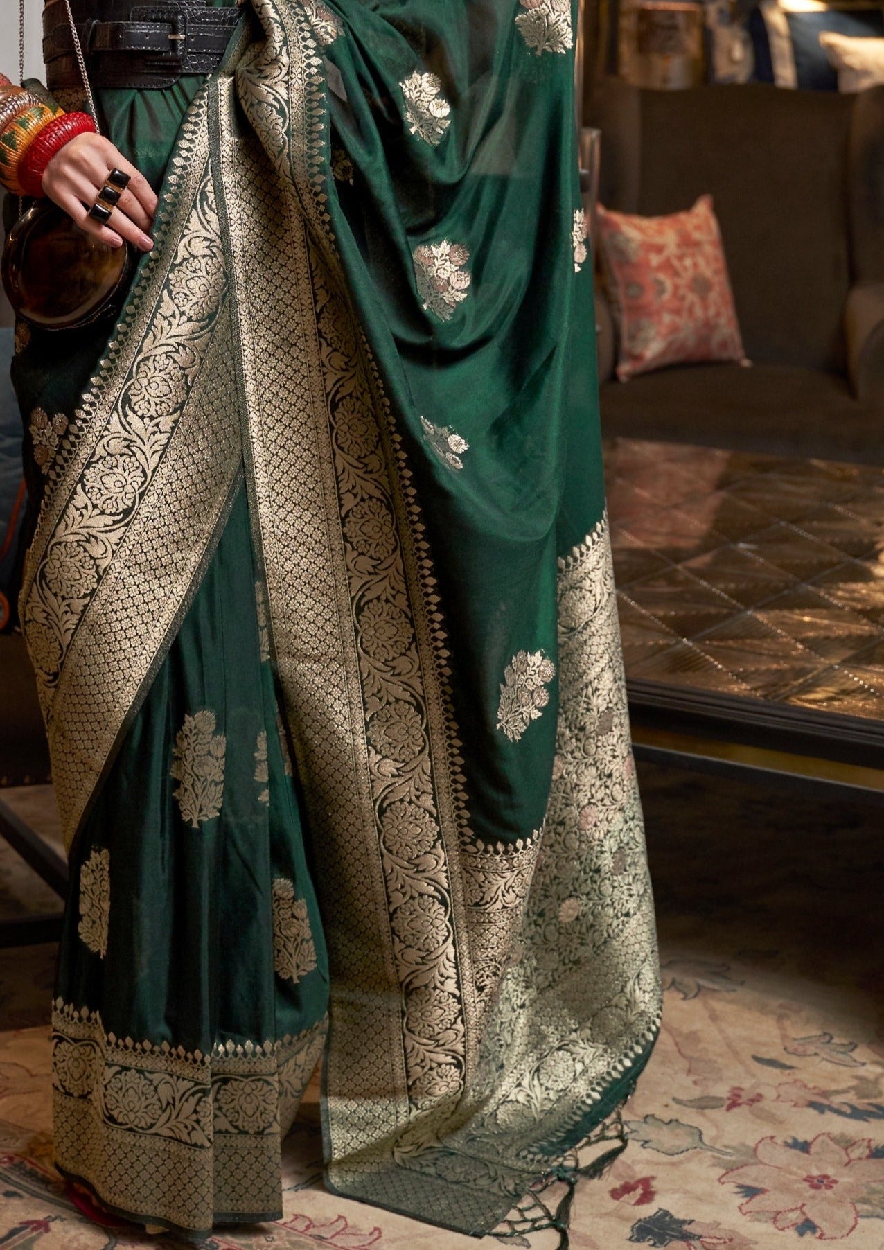 Green khaddi georgette banarasi saree design with silver and golden zari work online.