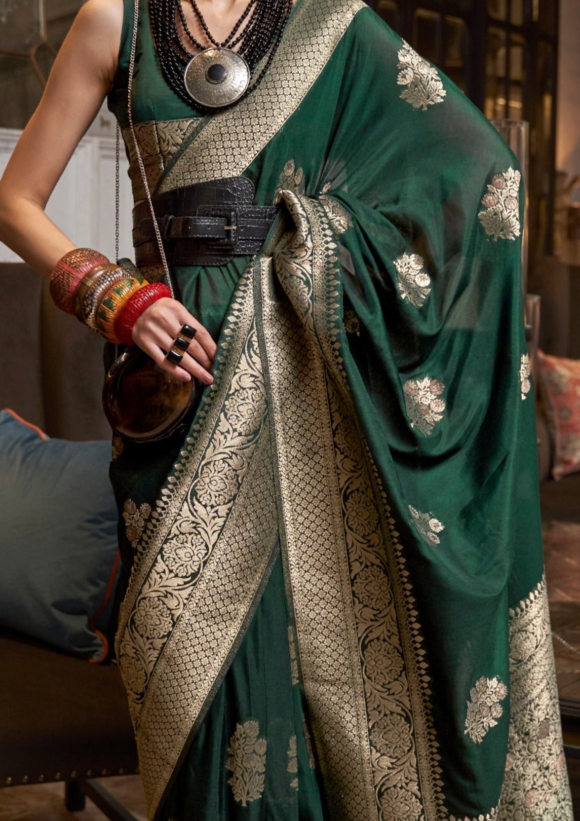 Green khaddi georgette banarasi saree blouse designs online price with zari work.