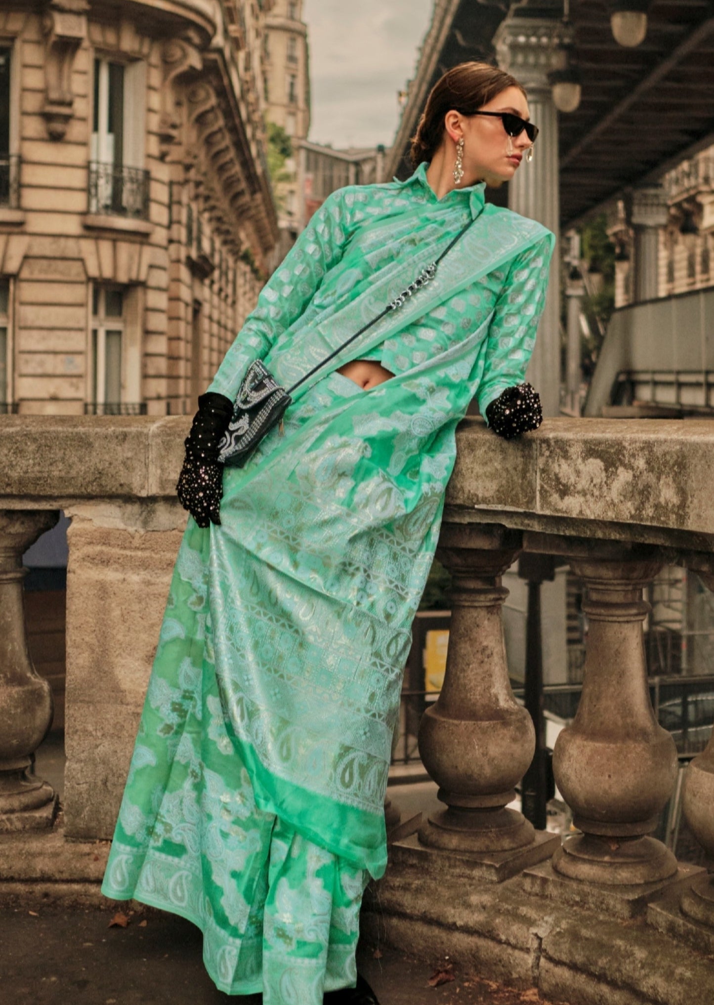 Bride in organza lucknowi green saree usa online.