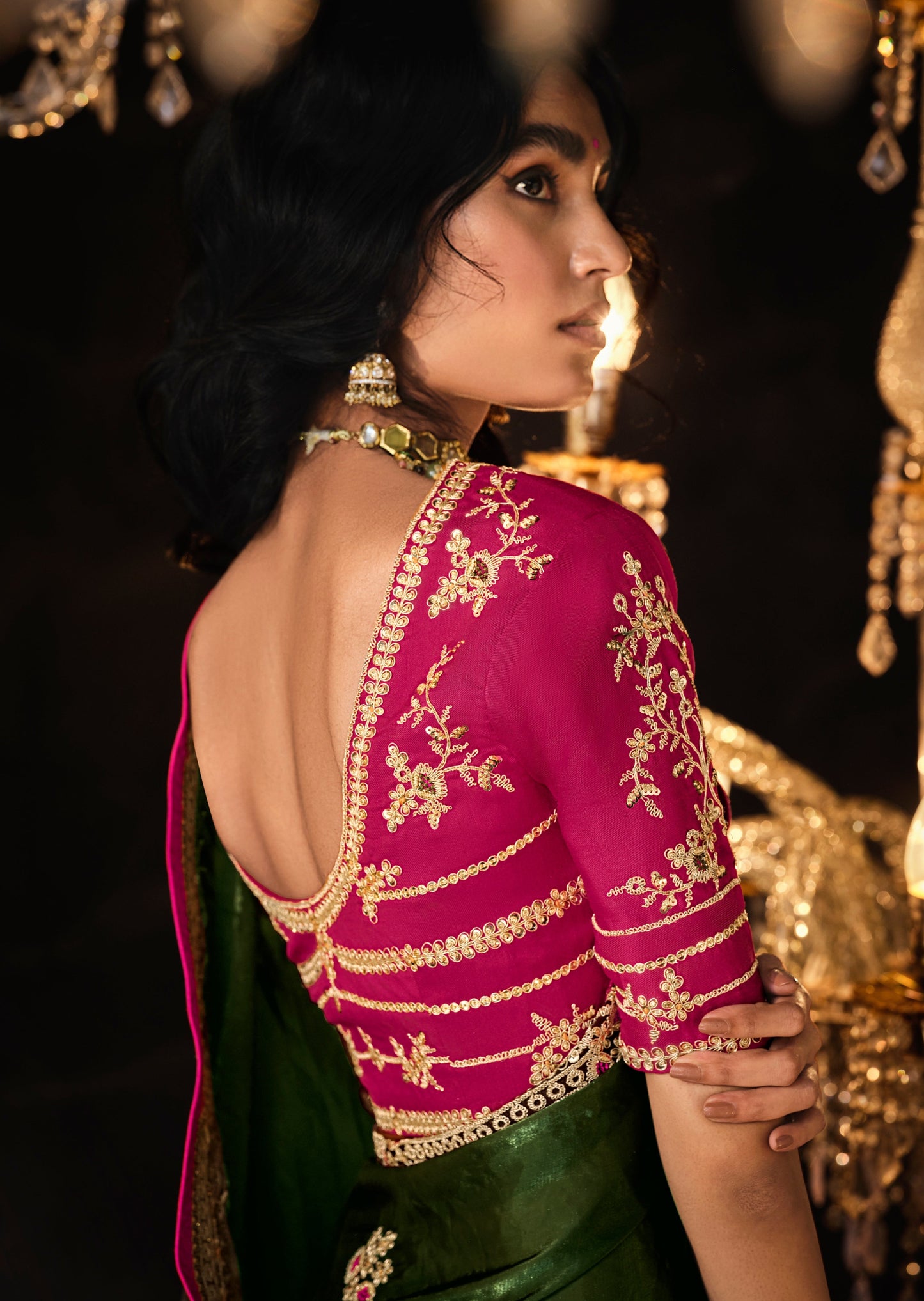Green organza silk embroidery saree online shopping designs.