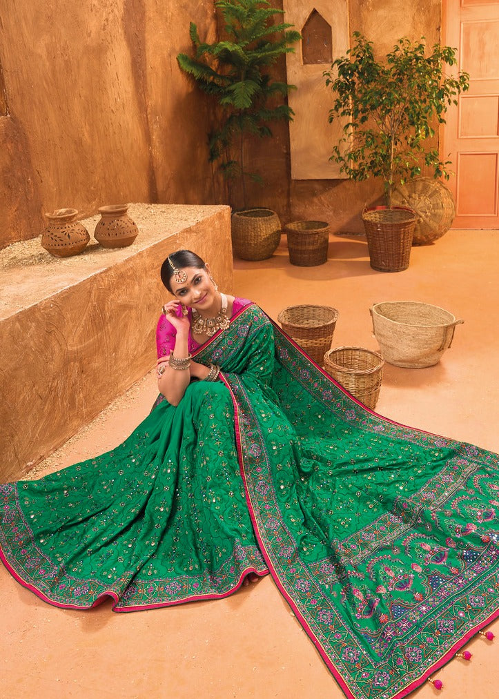 Banarasi Silk Gujarati Kutchi Green Bhujodi Saree