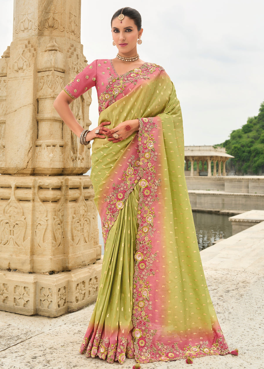 Banarasi viscose tissue silk green and pink ombre handloom embroidered saree with designer cut work border for weddings.