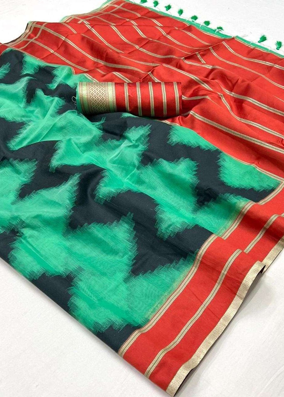 Light Green and Red Cotton Silk Handloom Saree