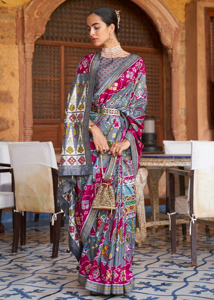 Grey patola silk saree online for wedding wear made with luxury fabric in latest design.