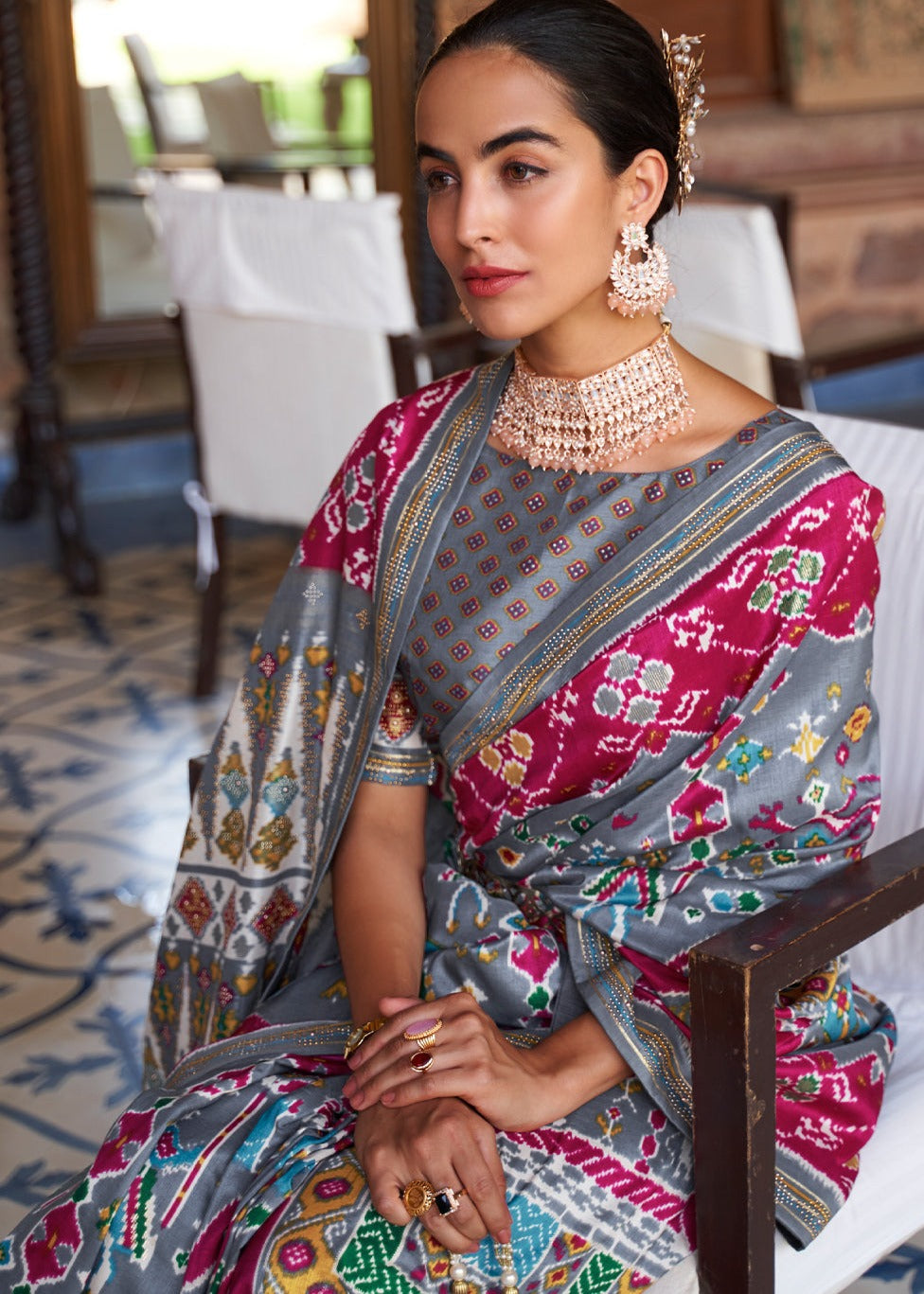 Grey patola silk saree online shopping for wedding function look with matching blouse.