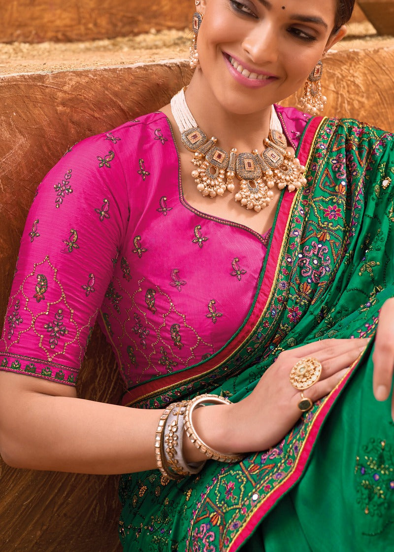 Banarasi Silk Gujarati Kutchi Green Bhujodi Saree