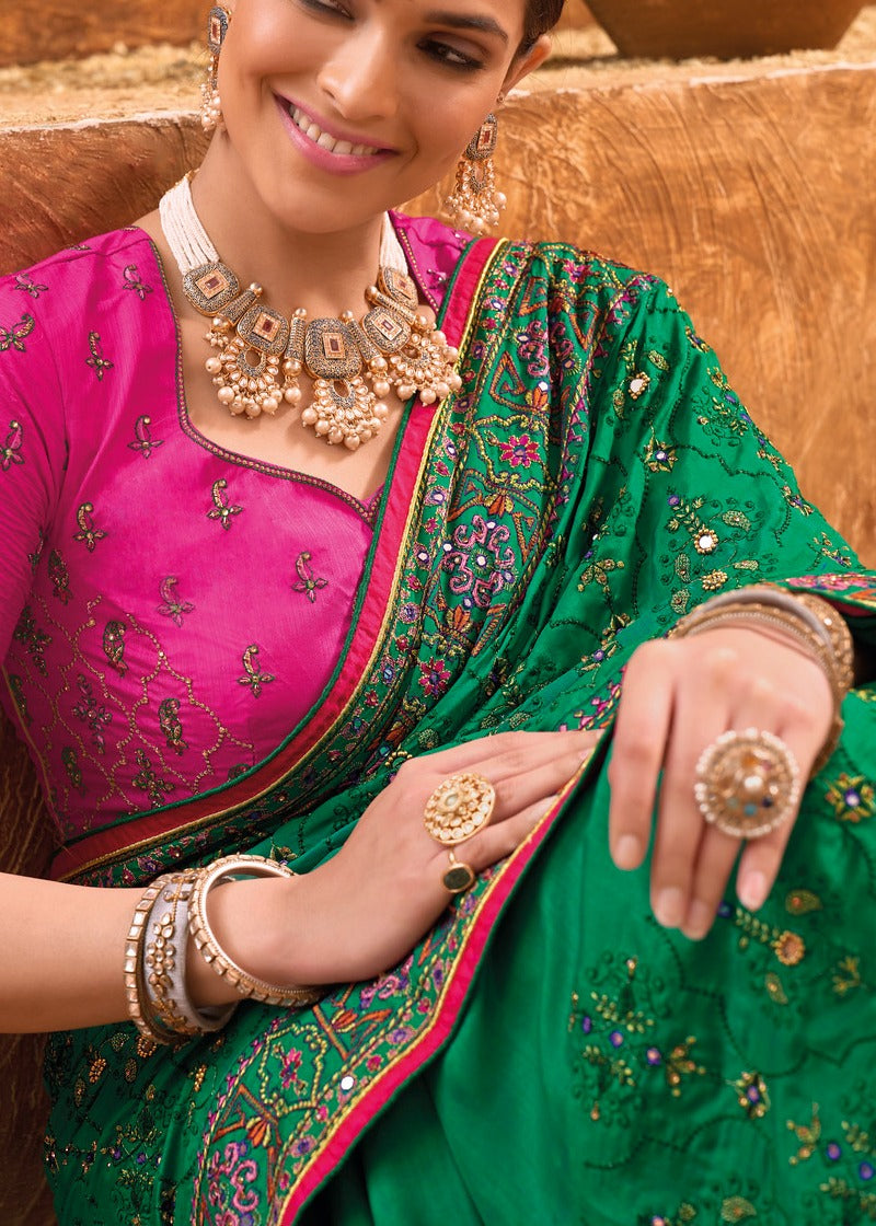 Banarasi Silk Gujarati Kutchi Green Bhujodi Saree