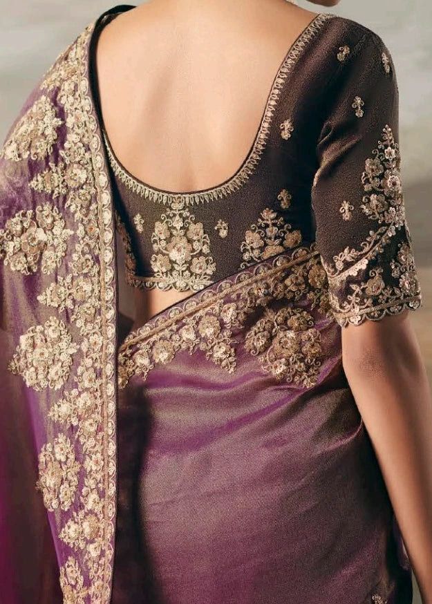 Elegant brown & pink ombre effect tissue silk embroidered bridal saree with sequin and zari embellishments highlighting gradient.