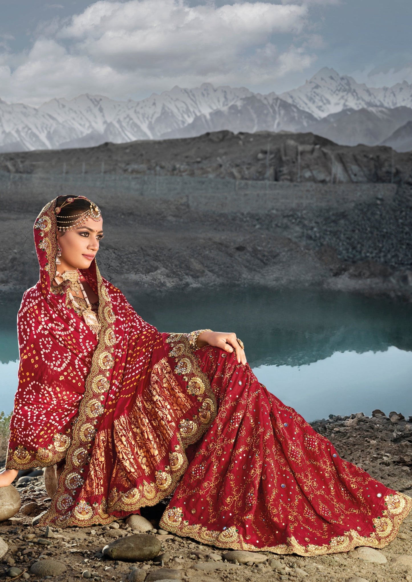 Hand embroidery kutch mirror work banarasi silk red bandhej luxury saree online uk in red color.