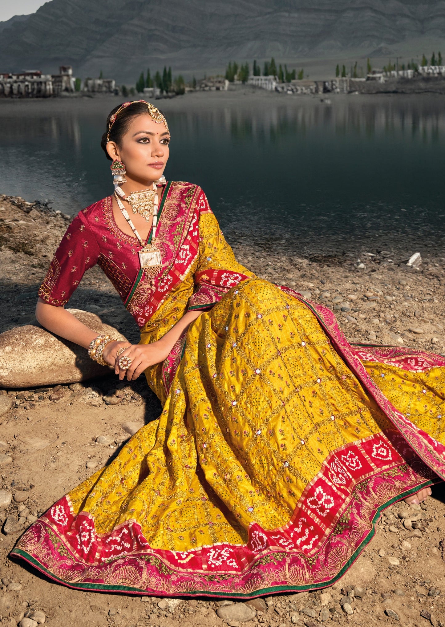 Hand embroidery kutch mirror work banarasi silk bandhej saree online for wedding.
