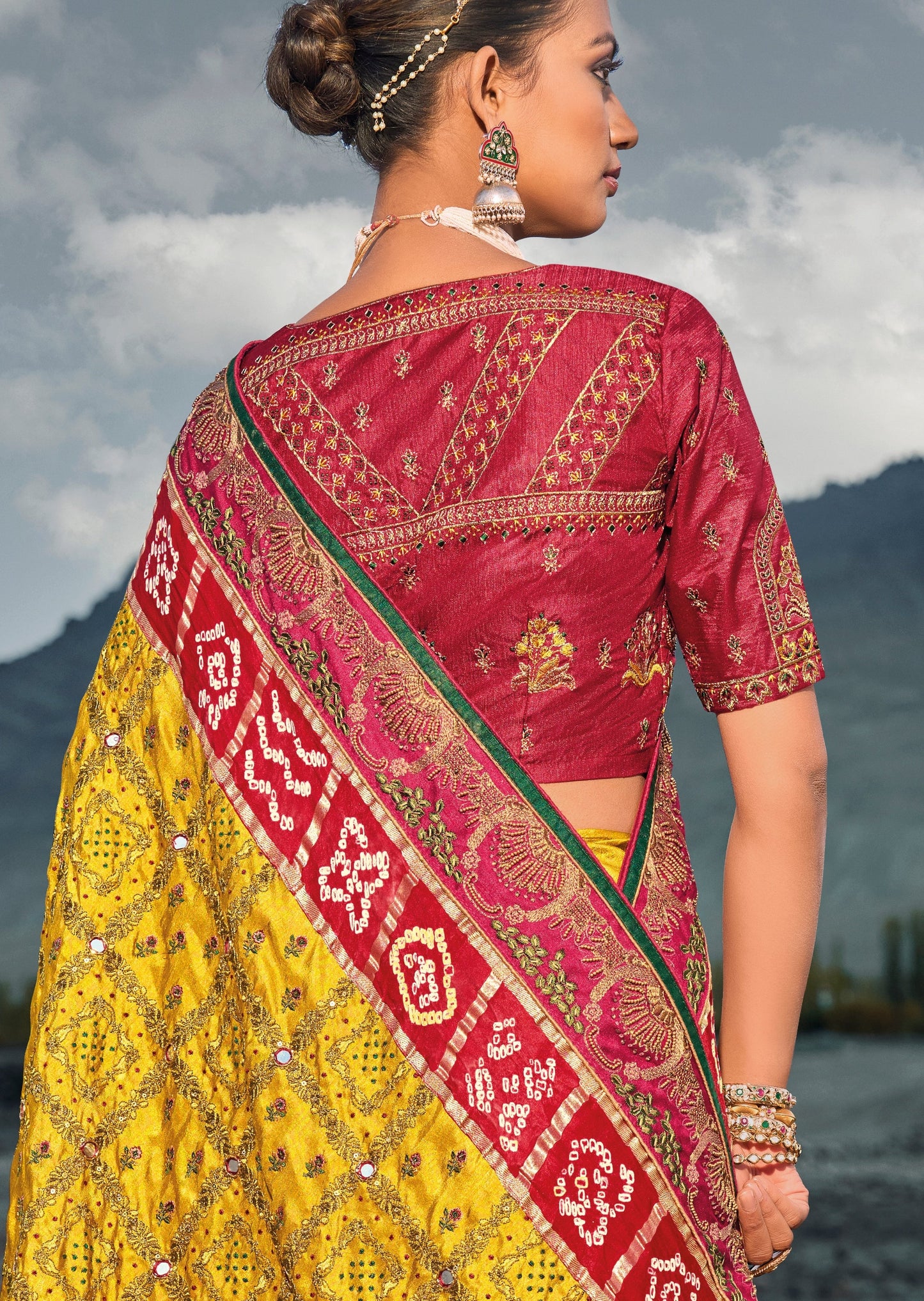 Hand embroidery kutch mirror work banarasi silk bandhej saree online shopping.