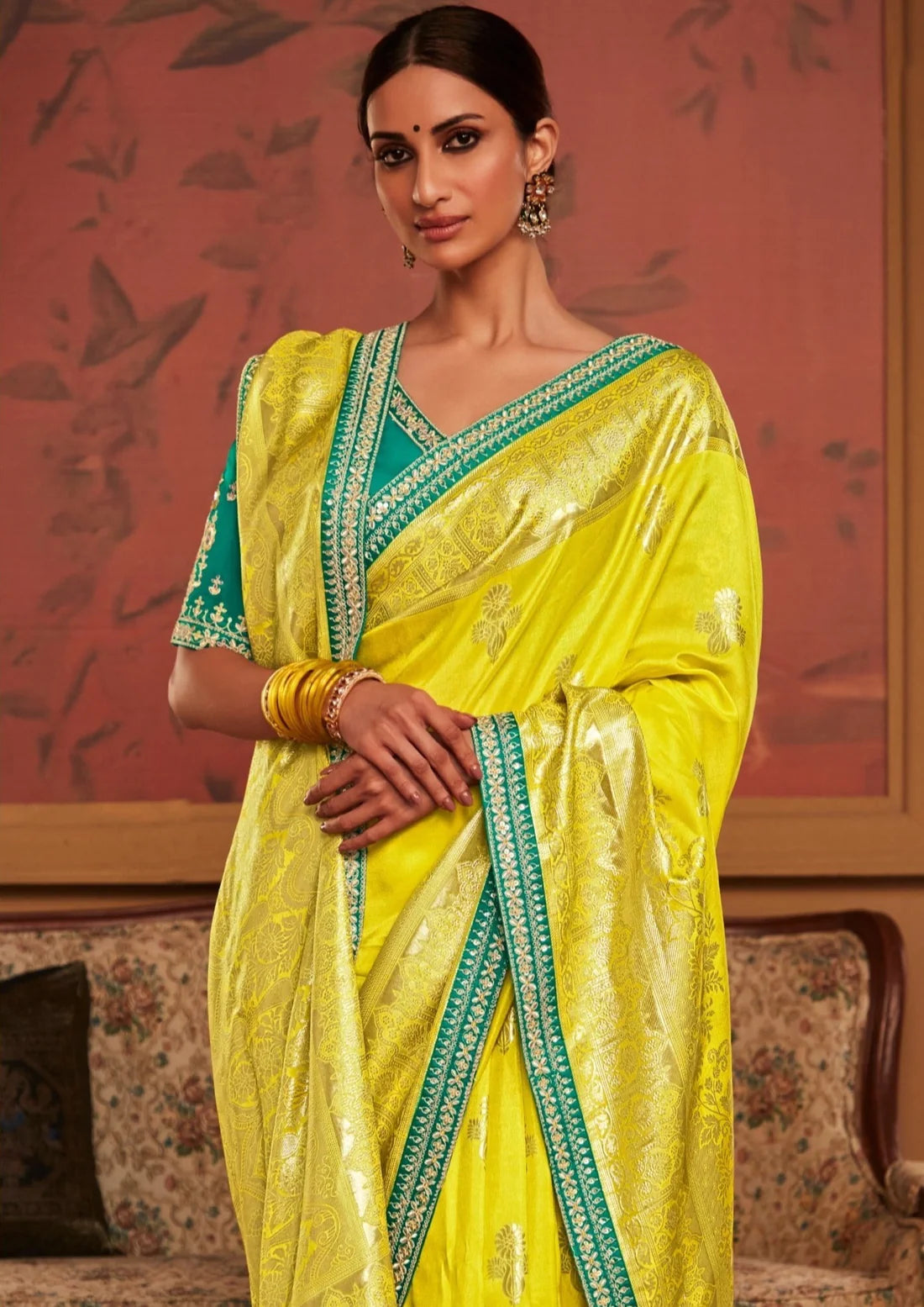 Hand embroidery work banarasi silk turmeric yellow zari haldi saree online for bride.
