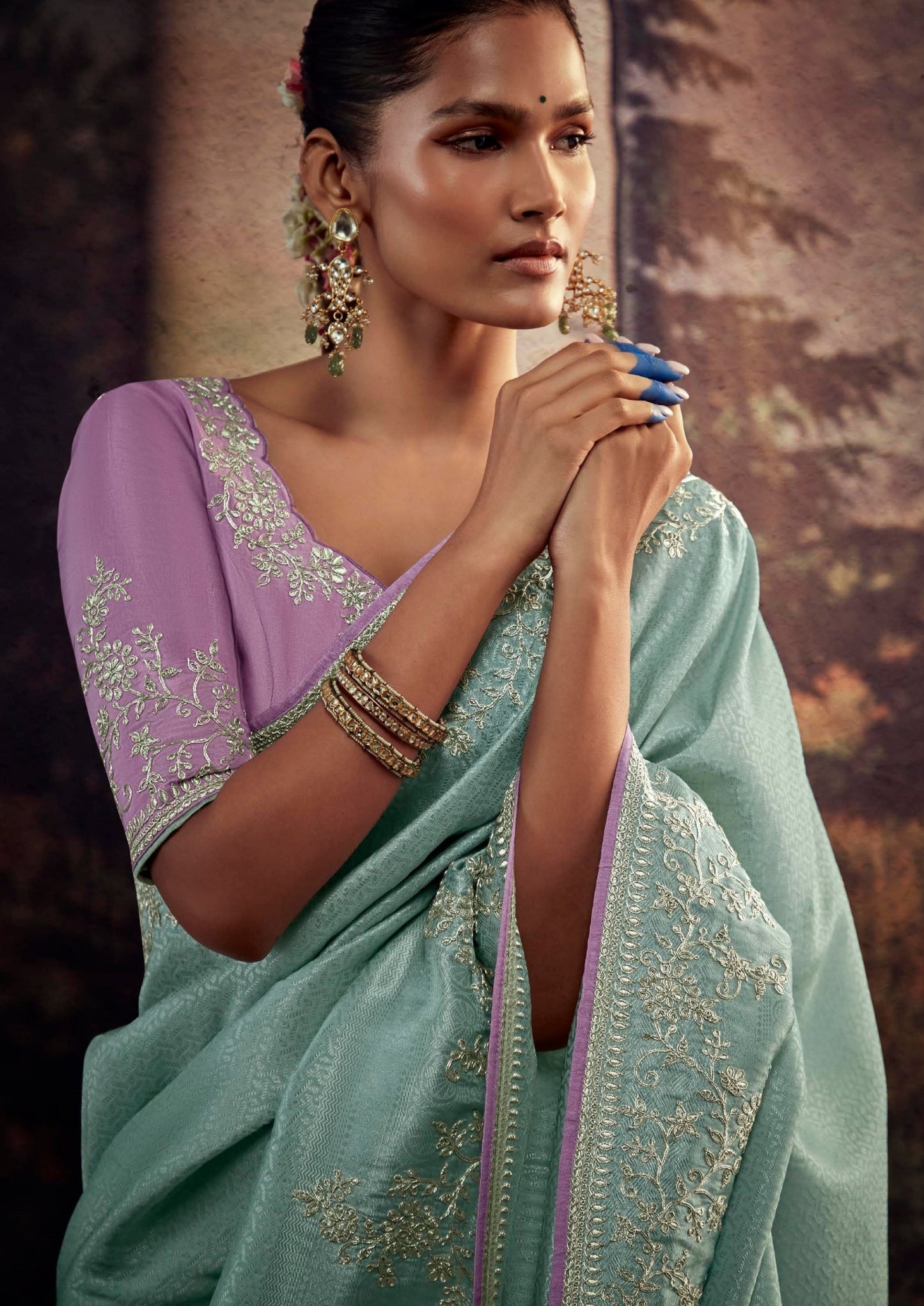 Hand Embroidery Work Blue Banarasi Silk Saree